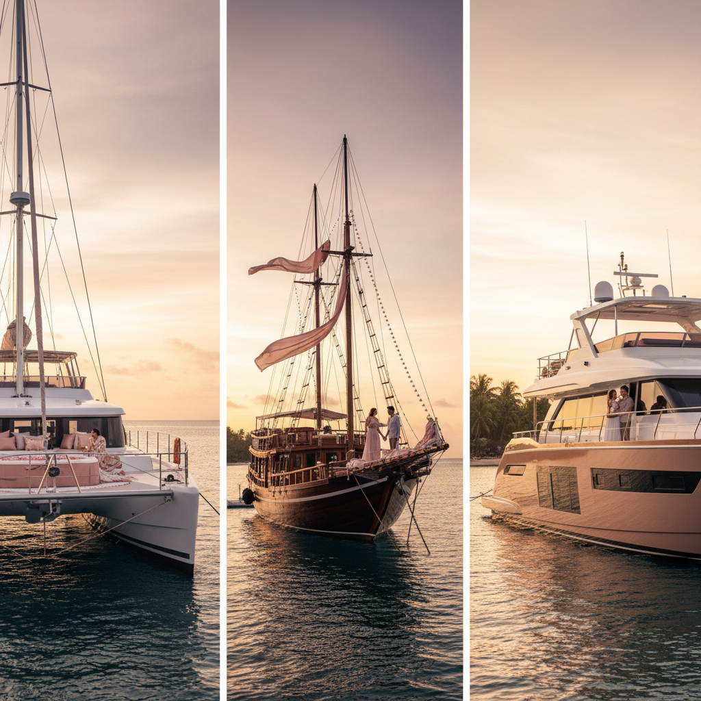 Honeymoon yacht Komodo Pink Beach private linen picnic with chef plated breakfast and rose-gold serviceware