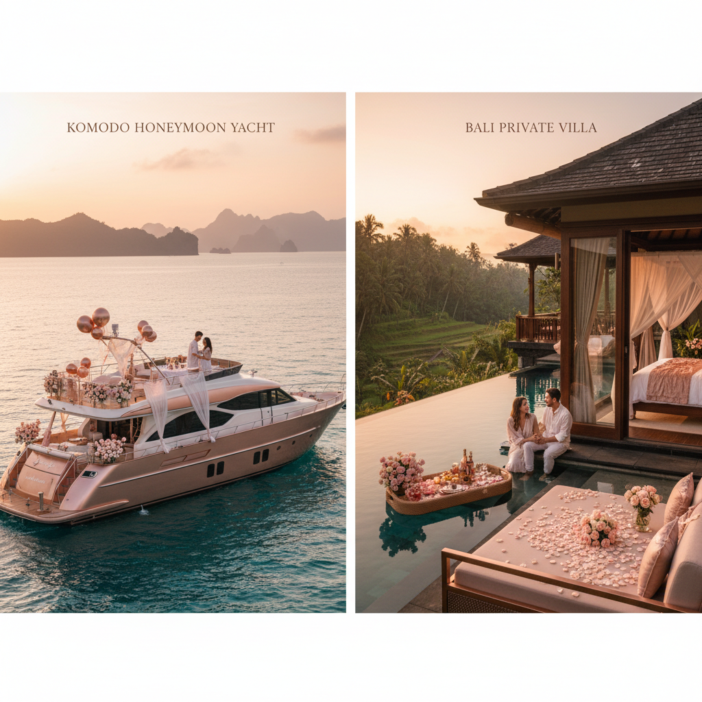 Honeymoon yacht Komodo Atelier Premium phinisi master suite with king bed marine bathroom and balcony view