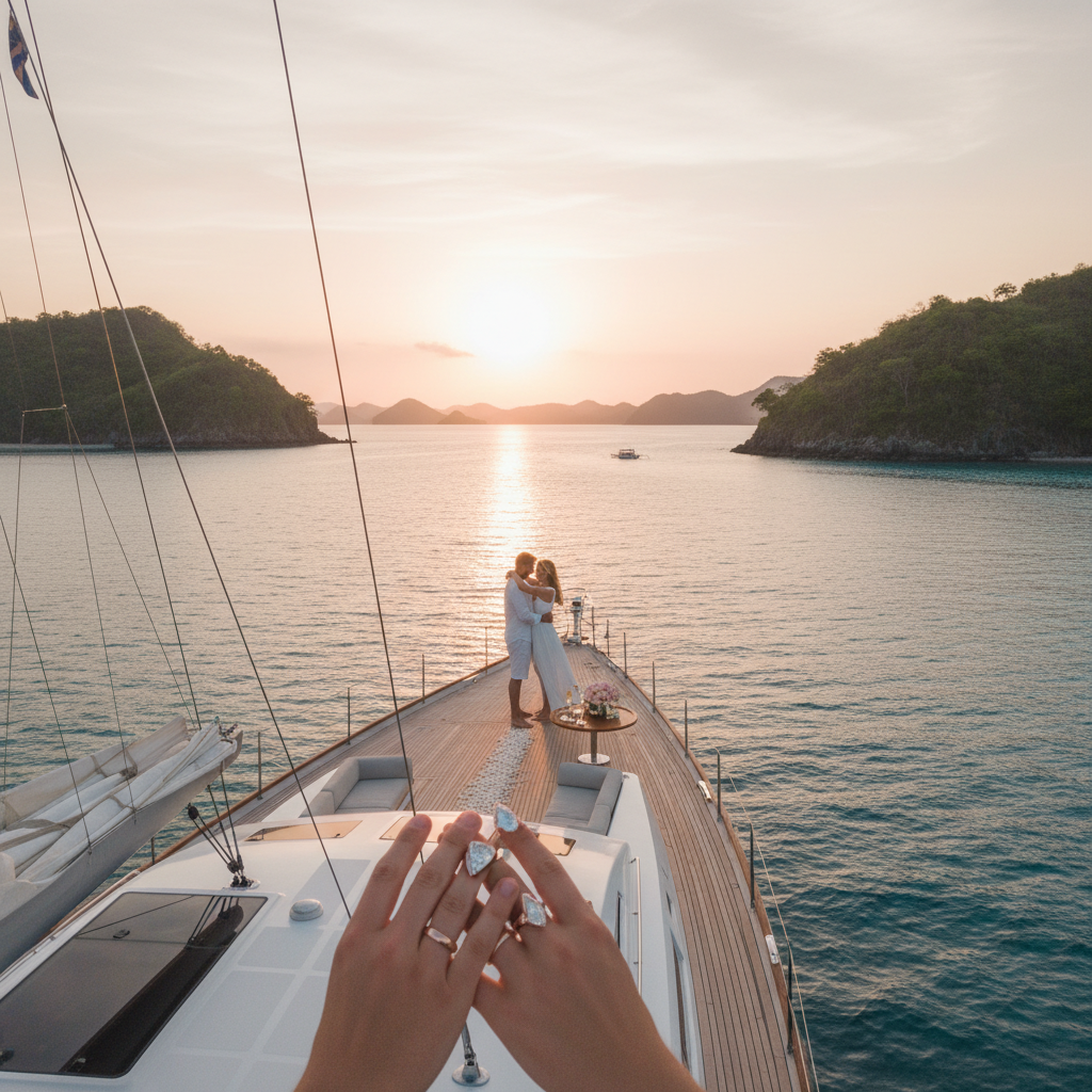 Honeymoon yacht Komodo vs Bali private villa decision framework with phinisi at anchor and clifftop villa pool side by side